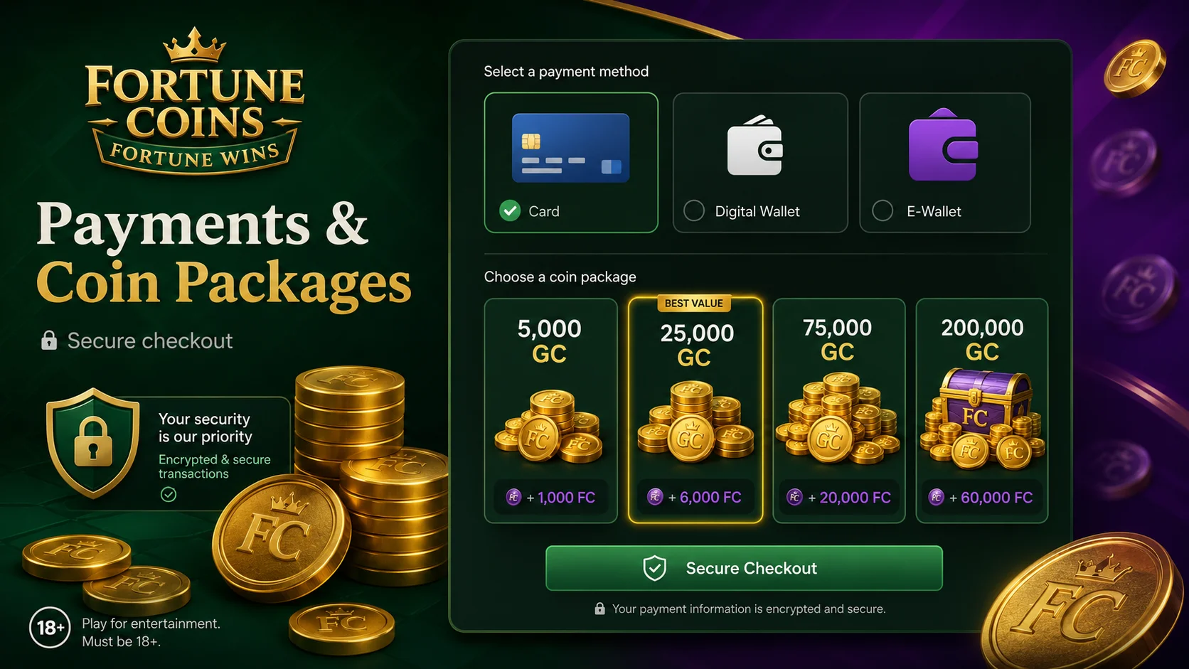 Fortune Coins payments, coin packages and redemption options